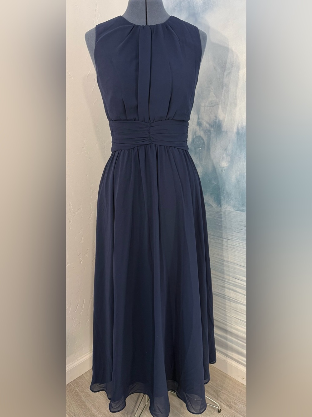 Classic Sleeveless Navy Maxi Dress with Ruched Waist #243